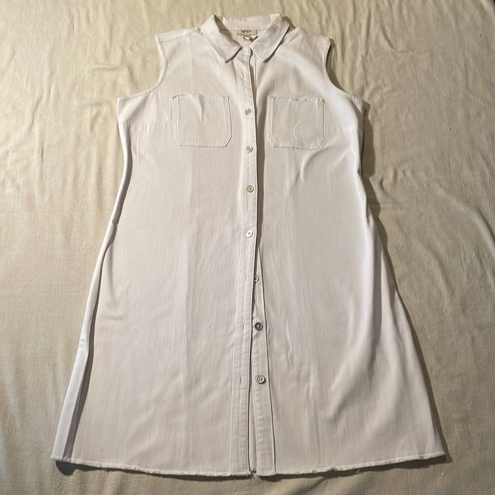 Style & Co white blue jean, sleeveless dress w/2 front pockets,button up (16)